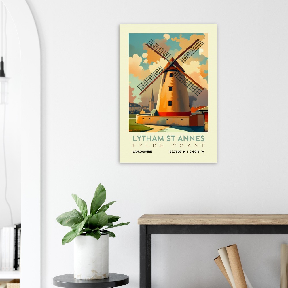 A colorful art print featuring a windmill, titled 'LYTHAM ST ANNES FLYDE COAST', displayed on a wall alongside a potted plant and a wooden table