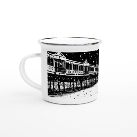 St Annes Pier Enamel Mug - Snowy Lancashire Scene - 12oz Woodcut Style Coffee Cup