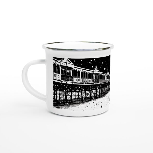 St Annes Pier Enamel Mug - Snowy Lancashire Scene - 12oz Woodcut Style Coffee Cup